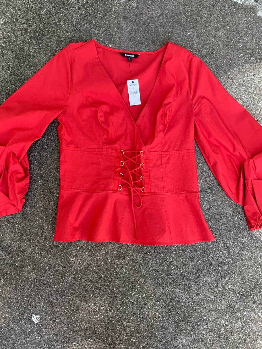 Express Red Lace-Up Peplum V-Neck Blouse